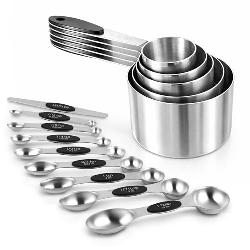 Strelitsia Magnetic Measuring Cups and Spoons Set, Strong N45 Magnets, 304 Stainless Steel, Double-Sided Measuring Spoons, 14-Piece Set with Leveler for Baking & Cooking