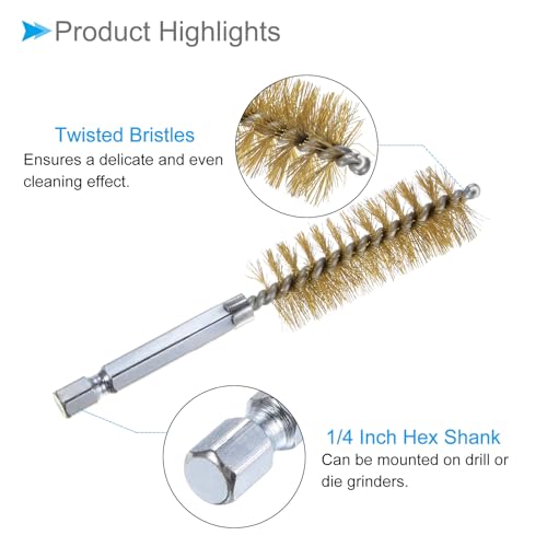 Image of Bore Brush, 18mm Dia 4 Inch Length, Brass Cleaning Wire Brushes with 1 /4 Inch Hex Shank - (Applications: for Power Drill, Die Grinder), 5-Pieces