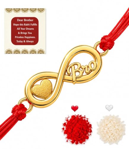 Image of Gold Plated Designer Rakhi Bracelet for Brother | Infinity, Heart, Evil Eye & BRO Designs | Raksha Bandhan Rakhi with Roli Chawal & Greeting Card