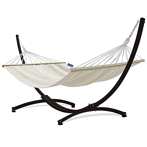 Potenza Hamaca con Soporte Incluido en Jardin, de Tela Multicolor, para 2 Personas Doble I Grande Soporte Capacidad de 220 Kg I Hamaca con Barra 220x160 cm (Cremoso, Soporte Marrón)