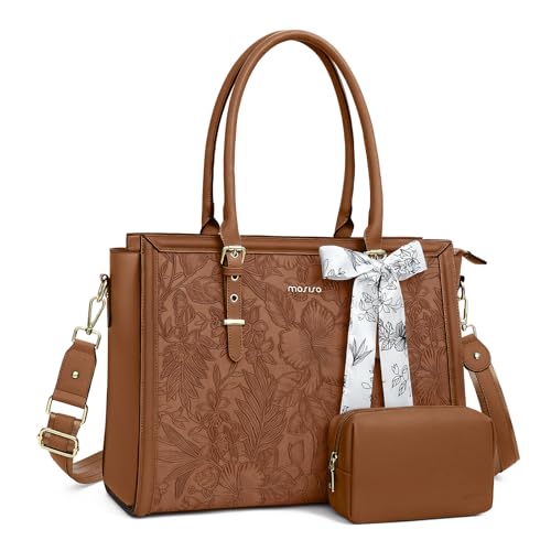 Image of MOSISO Laptop Bag for Women, PU Leather Tote Bag, Front Embossed Retro Hibiscus Computer Bags with Silk Scarf&Clutch Purse