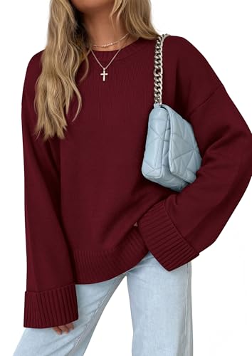 PRETTYGARDEN Oversized Sweater Women's Crewneck Long Sleeve Tops Wine Red