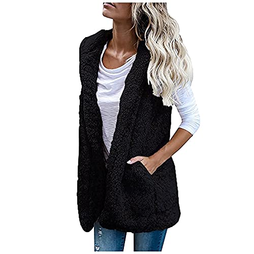 Hooded Long Cardigan For Women Fleece Solid Pocket Open Front Sleeveless Sweater Vest Fall Oversized Winter Warm Plus Size Comfy Soft Sherpa Hoodie Coat Jacket Tops Tunic Outwearï¼ˆBlack,X-Large)