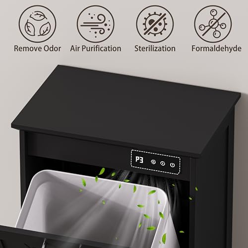 Image of Single Tilt Out Trash Can Cabinet with Negative Ion Odor Control, Hidden 10-Gallon Recycling Cabinet, Dog Proof Garbage Can for Kitchen, Laundry, Dining Room, Black