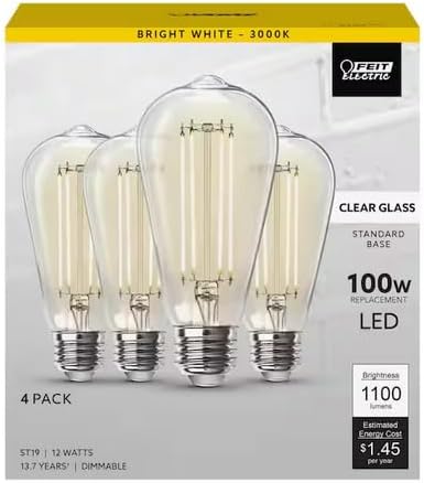 Feit Electric 100-Watt Equivalent ST19 Dimmable Straight Filament Clear Glass E26 Vintage Edison LED Light Bulb, Bright White (4-Pack) ST19100CL/930CA/4