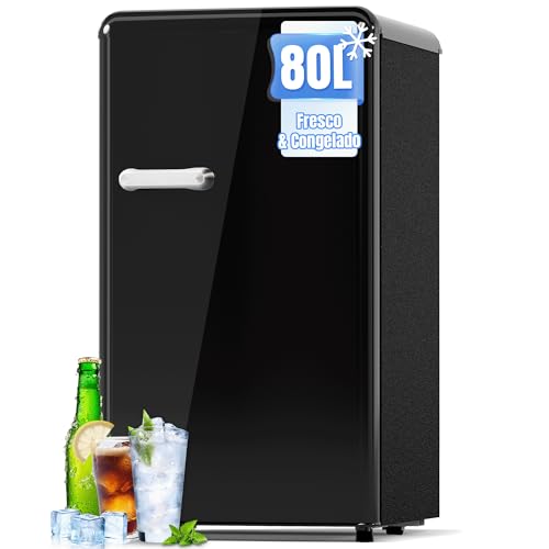 TRIUMPHKEY Nevera 80L, Nevera Pequeña con Diseño Retro con Cajón para Verduras y Congelador, Frigorífico Monopuerta con Termostato Ajustable para Residencias Estudiantiles, Oficinas y Dormitorios, Neg