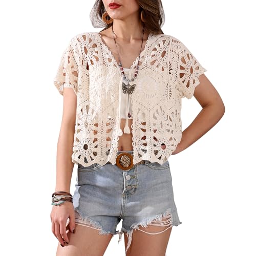 Women's Short Sleeve Open Front Boho Hollow Out Crochet Cardigan Shrug Sweater