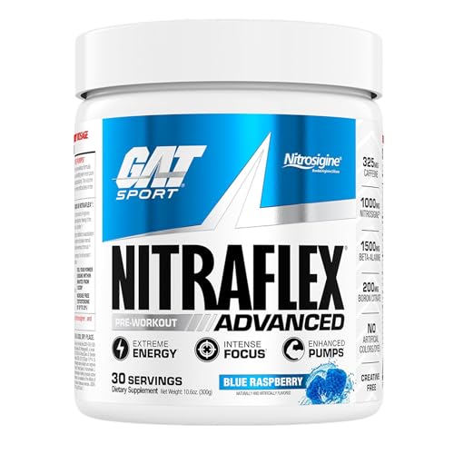 GAT SPORT Nitraflex Advanced Pre-Workout Powder - Energy Drink Mix - Supports Healthy Blood Flow - Boosts Strength & Energy - Creatine-Free - 30 Servings - Blue Raspberry
