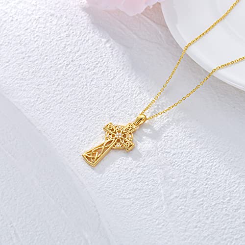 Natural Diamond Celtic Cross Irish Knot Necklace for Women,18K Yellow Gold Plated 925 Sterling Silver Trinity Knot Celtic Pendant Necklace Christmas Birthday Gifts for Mom Wife 18"+2"4