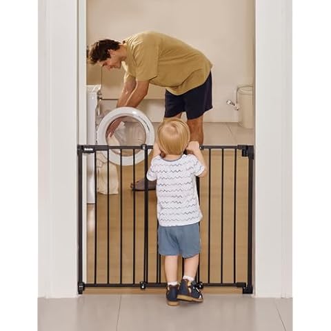 Babelio 29-43" No Bottom Bar Baby/Dog Gate for Stairs and Doorways | Easy to Remove and Install | Auto Close Function | Extra-Wide Walk Thru Door | Hardware Mount | 30" Tall | Black Cover