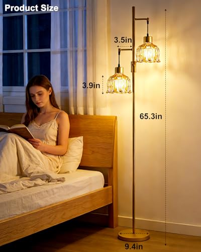 Image of Lightdot 2- Light Gold Flower Floor Lamp, 65IN Amber Glass Floor Lamps with 3000K Warm White Bulbs, Modern Standing Tall Lamp with 5Lbs Heavy Base for Living Room Bedroom Home Office Sofa Beside