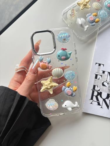 Case Creation Cute Aesthetic Glitter Transparent 3D Resin Ocean Beach Theme Phone Case for iPhone 11/12/13/14/15/16/17 Pro Max Plus with Sea Whale, Crab, Starfish & Shell Charms (iPhone 17)