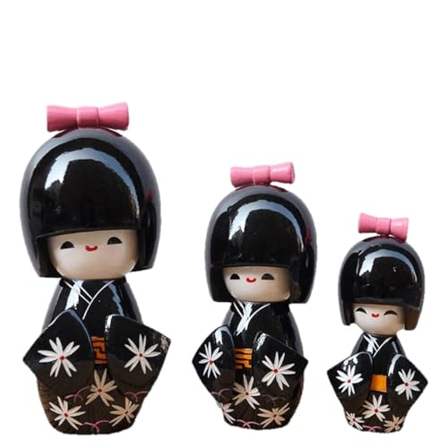 Muñecas Kokeshi de madera japonesas hechas a mano en Kimono, para decoración del hogar y regalo, juego de 3 (negro)