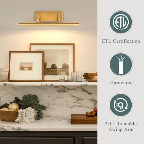 BELS Picture Light for Wall, 24 Inch Gold Wall Light Hardwire, Warm Light 2700K, 270° Rotatable, E26 Base, 3-Light Picture Frame Lights for Painting, Living Room, Bedroom(Exclude Bulb)