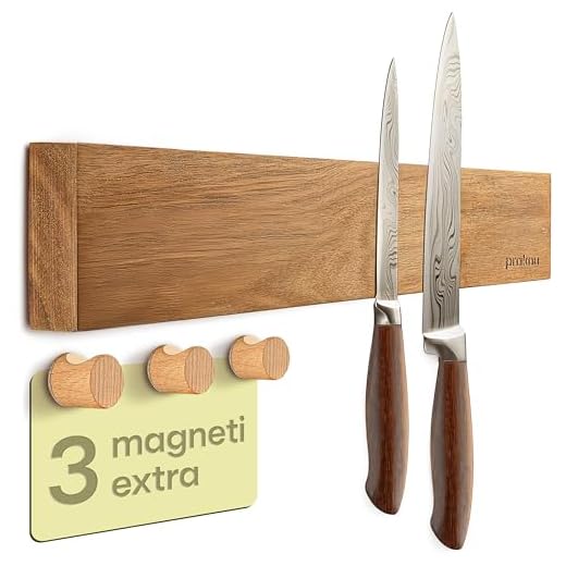 Praknu Barra Magnetica per Coltelli Autoadesiva - 40 cm in Legno di Acacia – Con 3 Ganci Magnetici Organizer – Supporto da Parete per Fino a 8 Coltelli Pesanti