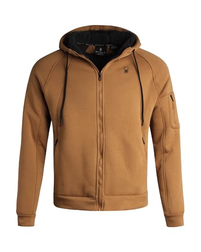 Spyder Sudadera con capucha de piel sherpa para hombre, con cremallera completa, ligera, suave, forro de sherpa, de punto gofre, para hombre, Marrón (Saddle Brown), Small