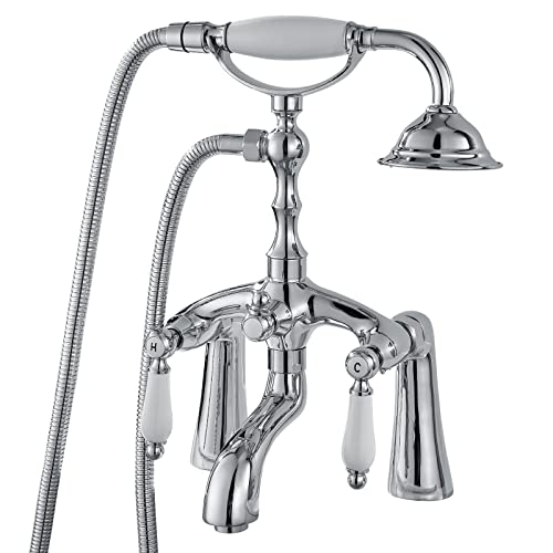 Aolemi Polish Chrome Deck Mount Clawfoot Bathtub Faucet 6 Inch Center 2 Holes with Handheld Shower Tub Spout Bathroom Victoria Vintage Mixer Tap Double Lever Handle