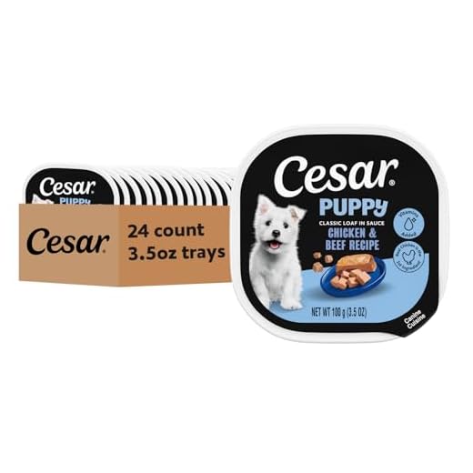Cesar Puppy Classic Loaf in Sauce Wet Dog Food, Chicken & Beef Recipe, 3.5 oz. Easy Peel Trays, Dog Food Toppers, 24 Count
