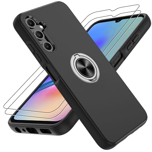 Gritup für Samsung Galaxy A05S Hülle mit 2 Stück Schutzfolie Militärstandard Stoßfeste Handyhülle Robuste Fallschutz Schutzhülle 360 drehbare Metallhalterung Case für Galaxy A05S Schwarz