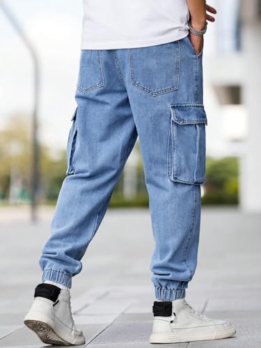 Verdusa Men's Elastic Waist Drawstring Denim Cargo Pants Joggers with Pockets2