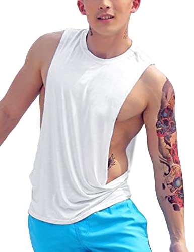Hombre Sisa Baja Secado Rápido Camiseta Sin Mangas para Culturismo De Entrenamiento Camisas Musculosas Sin Mangas Blanco L