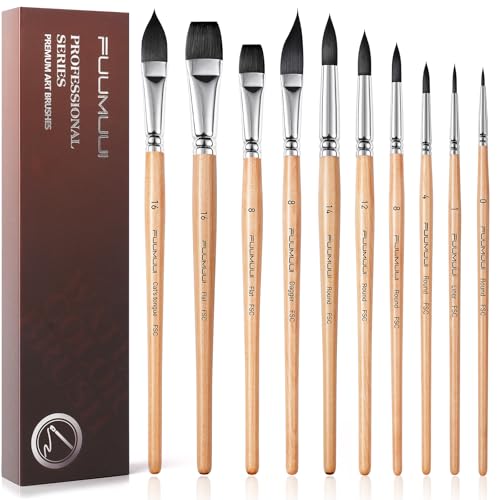Watercolor Brushes Professional, Fuumuui 10Pcs Synthetic Squirrel Hair Water Color Paint Brush Set for Artists - Flat, Round Pointed, Dagger, Cats Tongue Oval Wash for Watercolor Gouache Ink