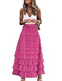 Long Tulle Skirt for Women Trendy High Waisted A Line Fluffy Fairy Mesh Layered Ruffle Skirt(Rose, S)