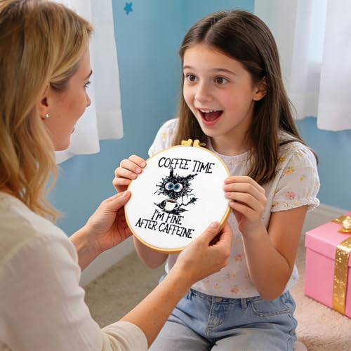 Image of Cute Cat Embroidery Kits for Beginners Adults, Coffee Hand Embroidery Starter Kit, Stamped Cross Stitch Kits for Beginners Adult Craft Kit for Women, Entire Set of Embroidery Supplies & Video Tutorial