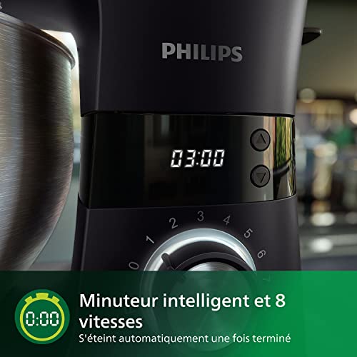 Philips 7000 Series Robot de Cuisine 5 5 Litres 1000 Watts 8 Vitesses Technologie ProKnead Recettes Minuterie Intelligente LED Crochet de pétrissage Fouet et Batteur HR796201 - vue 5