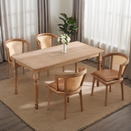 Image of BESTANO Rattan Dining Chairs Set of 4, Mid Century Modern Farmhouse Wood Dining Room Chairs, Leather Upholstered Comfortable Kitchen Dining Side Chair with Cane Woven Back, Brown