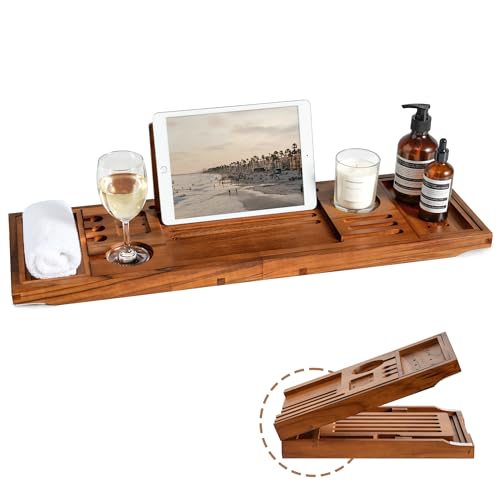 Realgulf Teak Bathtub Tray | Adjustable Width Tray with Wine Holder, Tablet/Phone & Book Stand...