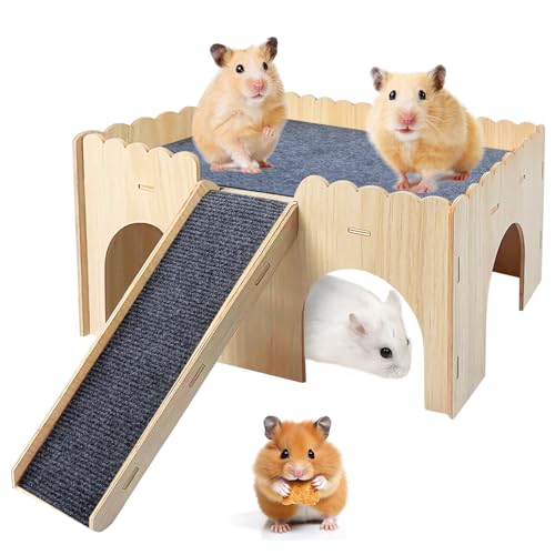 Grande Maison pour Cochons d’Inde en Bois avec Rampe et Tapis, Cabane Cachette à 4 Entrées, Jouet Amovible pour Hamsters, Lapins, Chinchillas et Petits Animaux