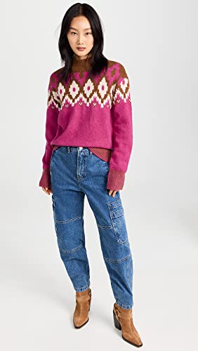 Monrow Women's Mock Neck Fair Isle Sweater, Dragon Fruit, Pink, Print, S #TOP4