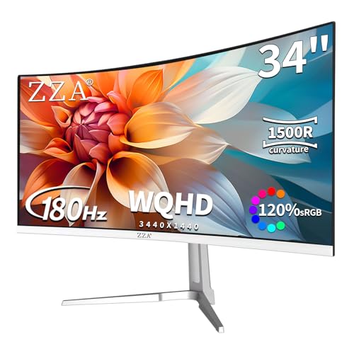 Image of ZZA 34'' Gaming Monitor-165Hz /180Hz WQHD (3440x1440P) Ultrawide 34 White Curved Monitor,FreeSync for Tear-Free Gaming,120% sRGB, HDMI 2.1 & DP 1.4,PBP Mode,Wall Mountable