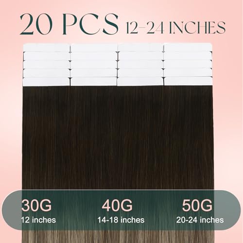 Image of Easyouth 24 Inch Tape in Hair Extensions Human Hair Ombre Tape Extensions Human Hair Brown Balayage Blonde Hair Extension Real Human Hair Tape in for Long Hair 50g 20pcs Seamless Tape in Extension