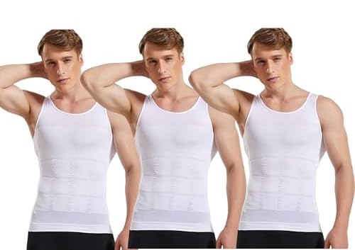 Men’s Slimming Shapewear Vest | Tummy Control Compression Undershirt | Posture Support Body Shaper (White)-image-11