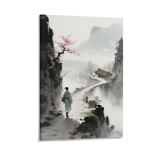 Décoration murale peinture village vintage abstrait 40x60cm pour bureau