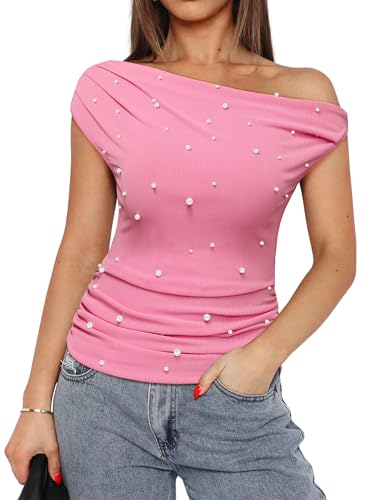 FEMLE Womens Pearl One Shoulder Tops Dressy Asymmetrical