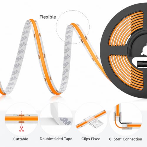 Image of BTF-LIGHTING Orange COB LED Strip Light, UL Listed 480LED /m High Density Uniform Light,16.4FT DC24V 8mm Width 3M Tape Light for Cabinet Bedroom Home Indoor DIY Lighting(No Adapter or Controller)