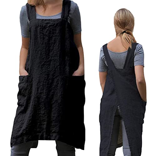 ZQFFB Pinafore - Delantal de espalda cruzada para mujer con bolsillos, bata japonesa para el trabajo, jardinería, cocina, pintura, horneado, Negro, 3XL