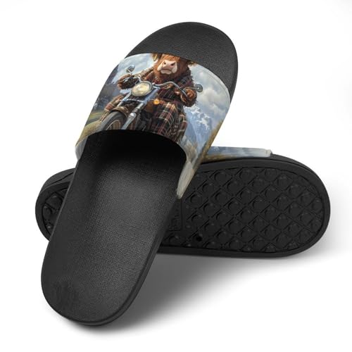 Scottish Highland Cow Motorcycle Rider Slippers for Men Wormen Shower Bathroom Slipper Indoor Beach Non Slip Sandal4