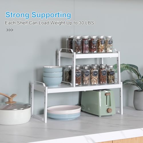 Image of 4 Pack Kitchen Cabinet Shelves Organizers, Kitchen Counter Storage Shelf Spice Rack, Expandable Length, Adjustable Height, Stackable, Sturdy 30LBS Bearing, Small Cupboard Tabletop Organizer Shelf Rack