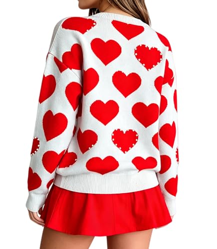 Image of Women's Cute Heart Sweater Love Print Valentine Romantic Knitted Top Casual Crewneck Long Sleeve Sweaters Pullover