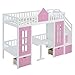 MERITLINE Twin Loft Beds with Storage Stairs and Desk, Wooden Castle Shaped Twin Over Twin Bunk Bed with Changeable Desk, Bunk Bed with Storage Drawers for Kids, Pink