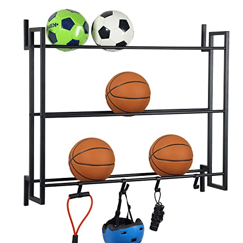 MyGift Ball Rack Wall Mounted, 3 Tier Gym Exercise Equipment Storage Organizer Shelf Display with...
