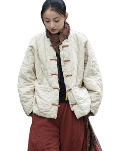 NFYM Women Cotton Linen Quilted Jacket Chinese Toggle Closure Retro Artistic Kimono Coat