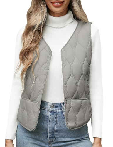 Yuson Girl Chaleco Mujer sin Mangas Chalecos Exteriores Forro Polar Ligero Termico Chaleco Acolchado Corto Cuello en V Elegantes Chalecos con Botones Otoño Invierno(Gris, M)