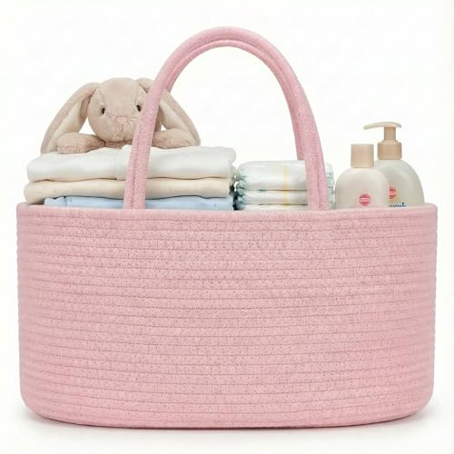 Image of luxury little Diaper Caddy Organizer, Large Cotton Rope Nursery Baby Basket, Changing Table Organizer for Baby Diaper Storage, Portable Car Organizer Removable Divider (Light Pink, Large)