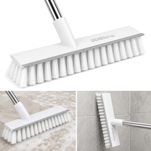 Image of 2 in 1 Bathroom Cleaning Brush with Wiper, Long Handle Floor Scrubber Brush with Water Wiper Blade, Heavy Duty Tile & Floor Cleaning Brush, Multipurpose Bathroom Kitchen Floor Cleaner Tool (White)