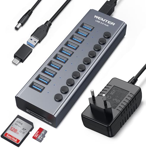 Powered USB 3.0 Hub, Wenter 10 Ports 36W Powered USB Hub, Aluminum USB Splitter with Individual...